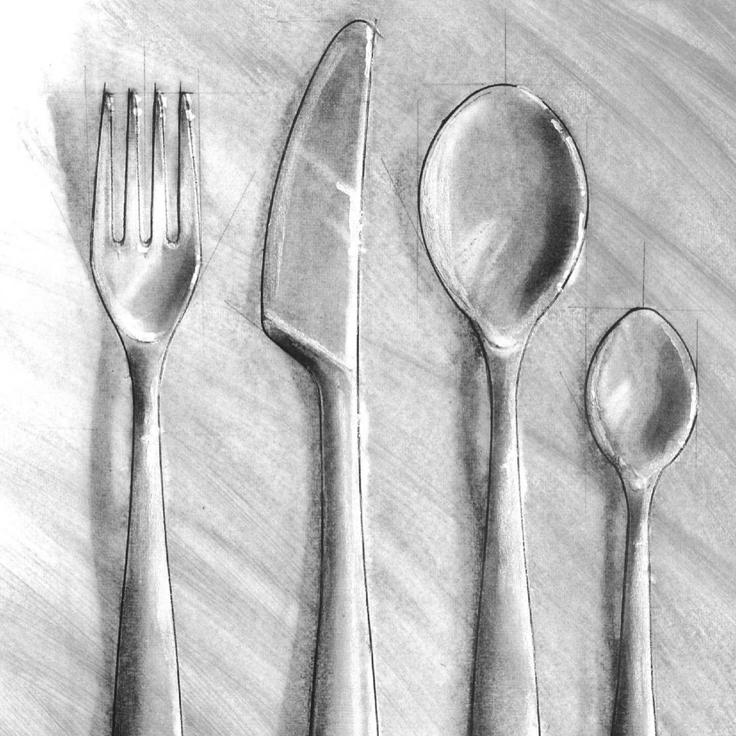 Close-up grayscale drawing of a set of cutlery. A fork, knife, spoon, and a small spoon are arranged in a slightly diagonal orientation. The objects are rendered with shading and subtle highlights, creating the illusion of volume and three-dimensional form.